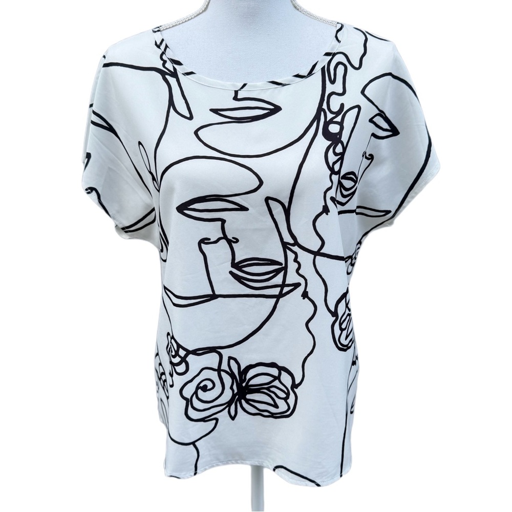 Black and White Faces Abstract Design Top Blouse Women’s Size L